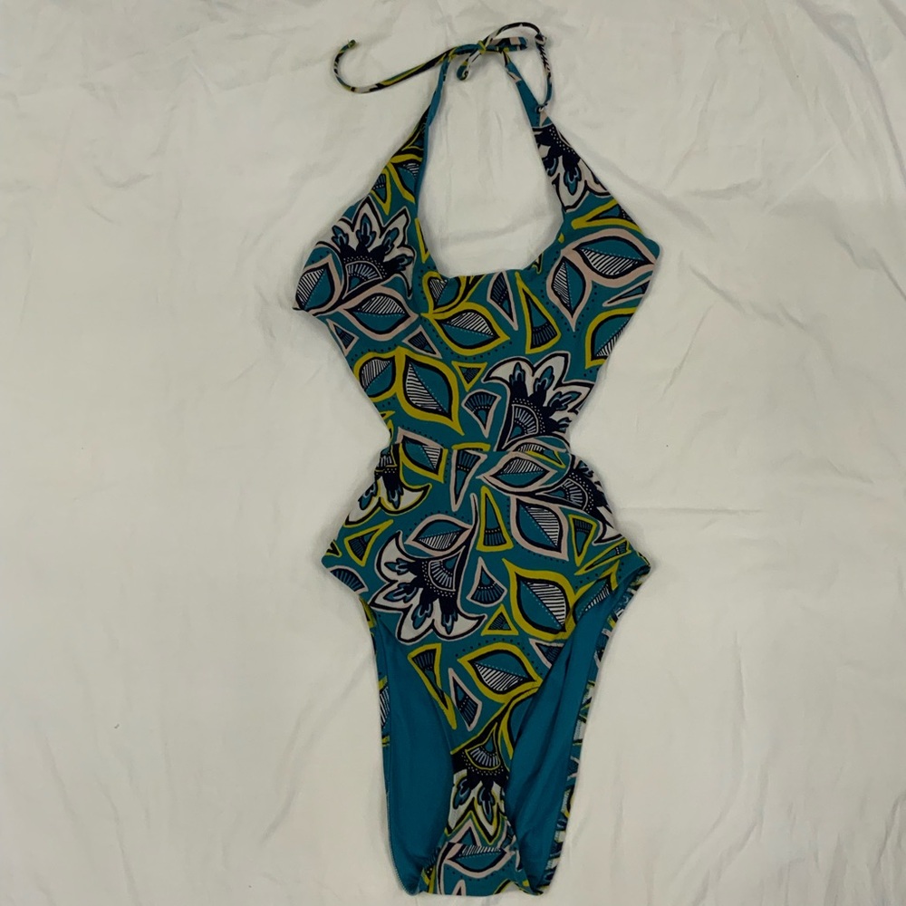 aerie Teal Floral Cutout One-Piece Swimsuit